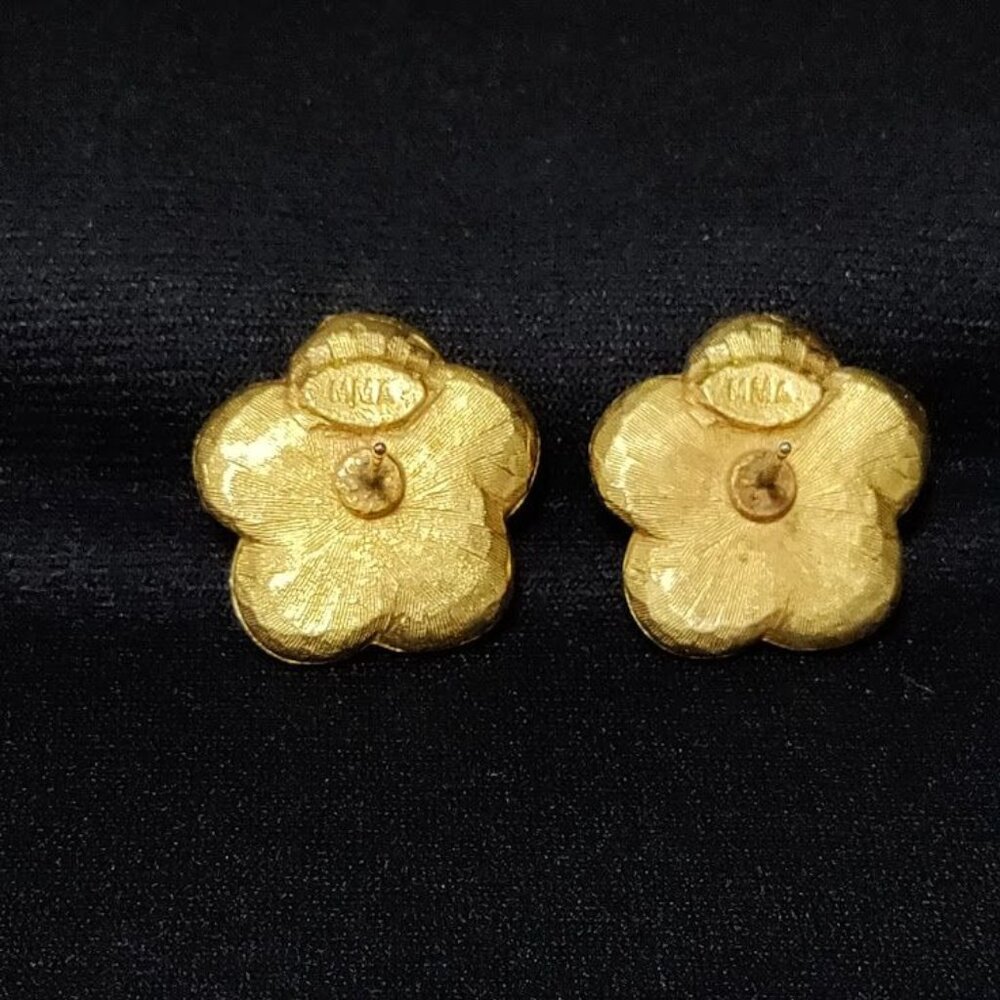 Vintage MMA Gold Plated Red Ruby Stone Flower Stud Earrings - Picture 3 of 7